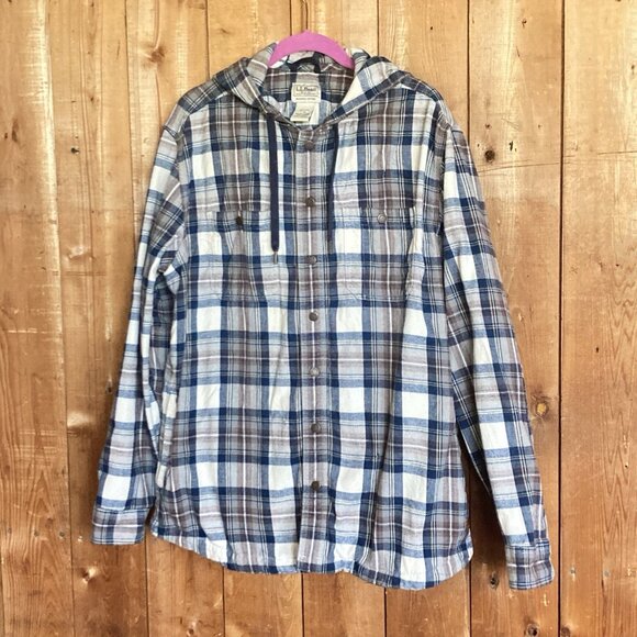L.L. Bean Other - LL BEAN Plaid Flannel Hooded Shirt Hoodie Jacket Cotton Insulated Shacket Sz L